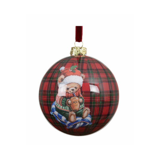 Red Check with Bear Drinking Milk Bauble