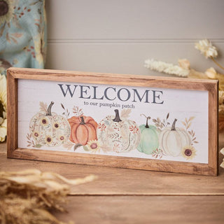 Autumn Pumpkin Welcome Framed Plaque White Handpainted Wood