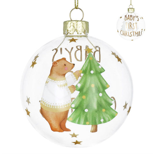 Clear Baby's First Teddy with Tree Glass Bauble 8cm