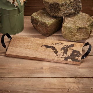 Mango Wood Cow Engraved Board with Metal Handles