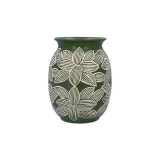 Green Etched Flowers Stoneware Decorative Vase