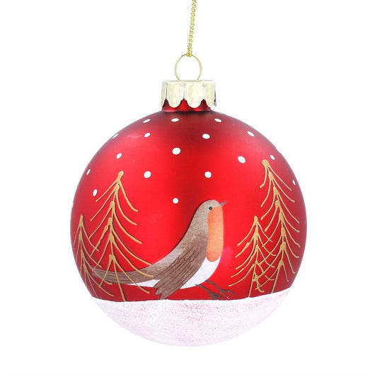 Robin & Trees Matt Red Glass Bauble