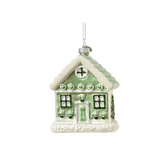 Sage Green House with Snowy Base Tree Decoration