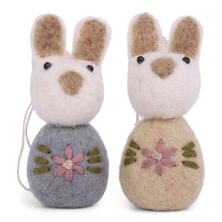 White Bunnies with Embroidery Flowers Hanging Decoration Blue - Set Of 2