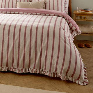 Connie Striped Ruffle Super King Duvet Cover Set - Clay Pink