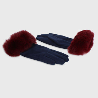 Margot Gloves with Fur Edge Navy/Burgundy
