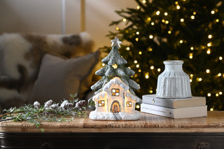 LED White House with Tall Christmas Tree Ornament