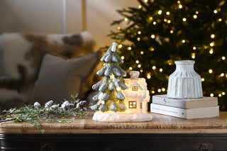 LED White Cottage with Christmas Tree Ornament