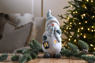 Ceramic Snowman with Blue Hat & Lantern Ornament 21cm