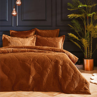 Palmeria Quilted Velvet Single Duvet Cover Set, Rust