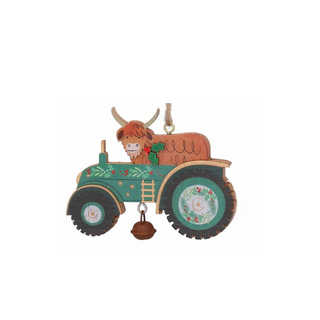 Highland Cow in Tractor Wooden Tree Decoration