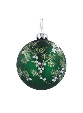 Matt Forest Green with White Berries Glass Bauble