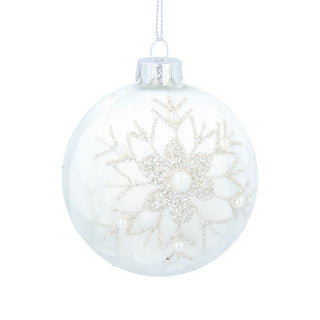 White Damask with Sparkling Snowflake Glass Bauble