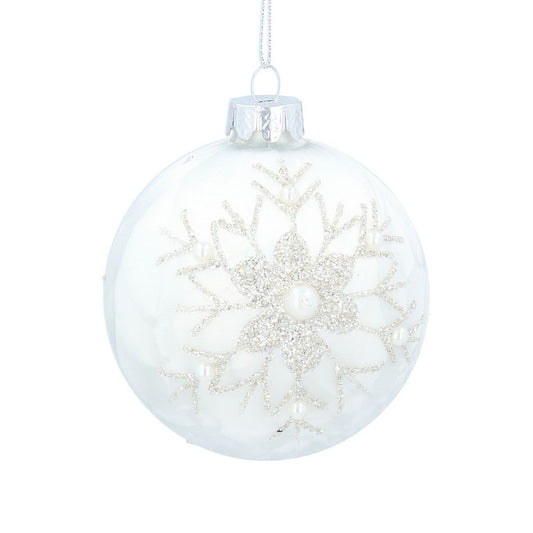 White Damask with Sparkling Snowflake Glass Bauble