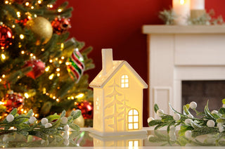 LED Porcelain White House with Embossed Tree Detail