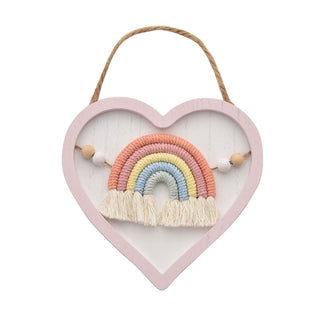 Wooden Heart Macrame Rainbow Wall Plaque Pink