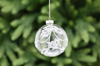 Silver Glitter Holly Clear Glass Bauble