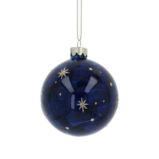 Dark Blue Marbled Glass Bauble With Gold Stars 