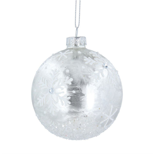 White Damask with White Snowflakes Glass Bauble
