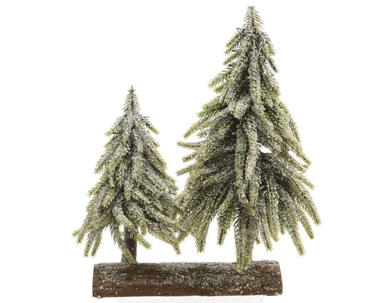 Green Frosted Double Trees On Wooden Log