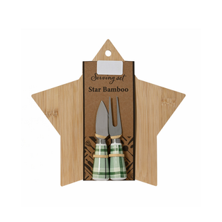 Star Shaped Wooden Board with Cheese Knife & Fork