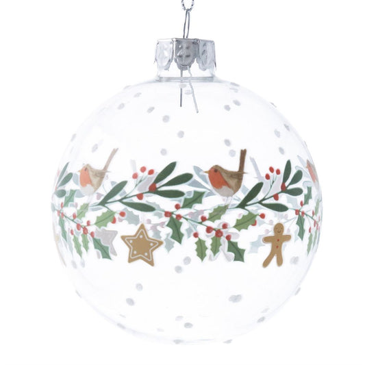 Clear Robin & Holly Wreath Band Glass Bauble