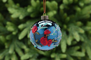 Mirror Navy Glass Bauble with Fabric Flowers