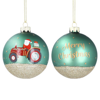 Merry Christmas Santa on Tractor Green Glass Buble