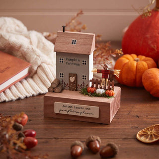 Autumn Pumpkin 3D House Block Grey Wood With Scarecrow Scene