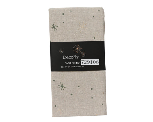 Natural with Gold Green Snowlake Print Table Runner