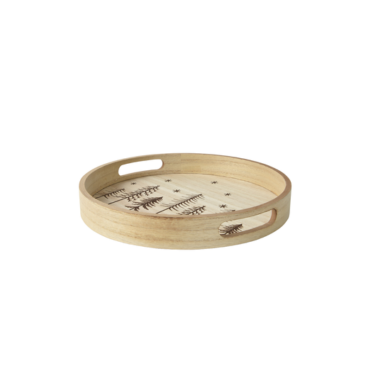 Stag & Trees Round Wood Tray with Handles Sml