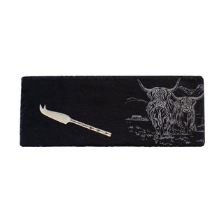 Scenic Highland Cow Mini Slate Cheese Board & Knife Set