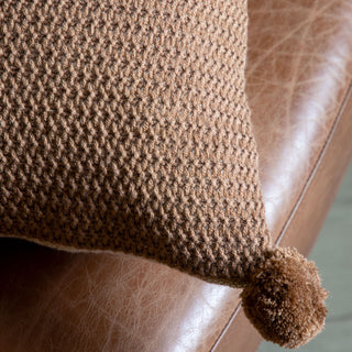 Moss Stitch Pom Pom Cushion Tan