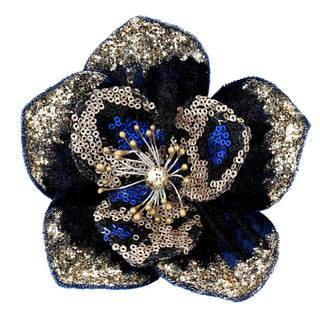 Navy & Gold Sequin Magnolia Clip Flower