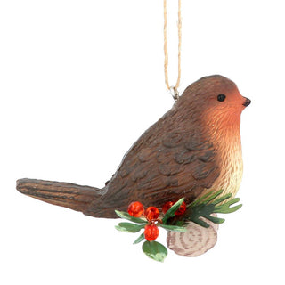 Resin Robin on Holly Log Hanging Decoration