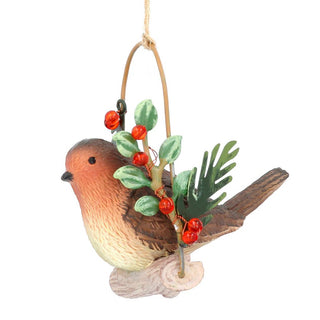 Resin Robin on Holly Log Swing Hanging Decoration