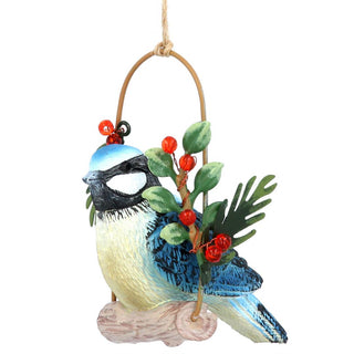 Resin Blue Tit on Holly Log Swing Hanging Decoration