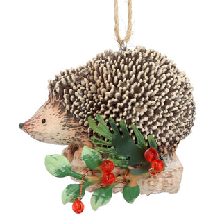 Resin Hedgehog on Holly Log Hanging Decoration