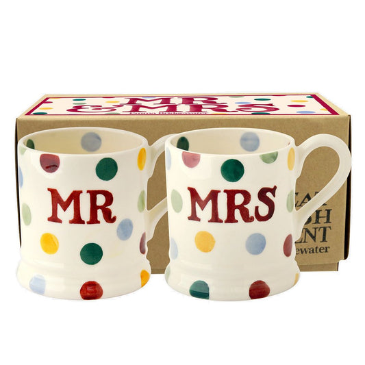 Polka Dot Mr & Mrs Set Of 2 1/2 Pint Mugs Boxed