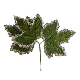 Green Velvet Leaf Bunch with Gold Glitter Pick