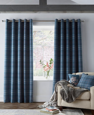 Alfriston Dark Seaspray 88"x90" Check Blackout Lined Eyelet Curtains