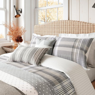 Brushed Cotton Check Duvet Cover Set Super King Warm Grey