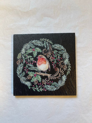 Slate Wreath Coaster Robin