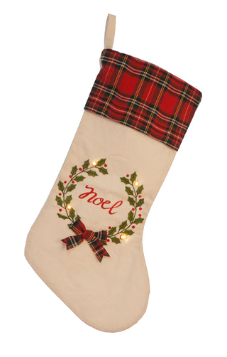 Noel Red Tartan Stocking With Wreath Detail