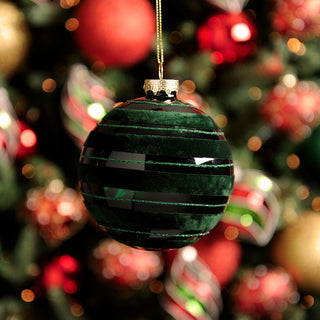 Emerald Green With Flocked Lines Glass Bauble