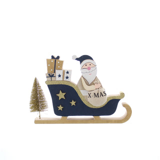 Wooden Navy & Gold Sleigh With Santa