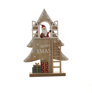 Wooden House With Santa In Window And Ladder