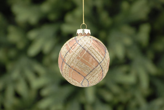 Peach & Gold Glitter Check Lines Glass Bauble
