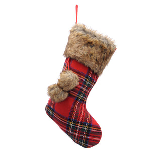 Red Tartan With Brown Fur Cuff Stocking