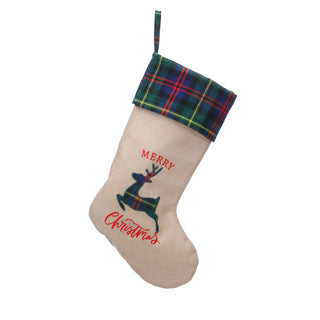 Brown Hessian with Tartan Cuff Reindeer Stocking